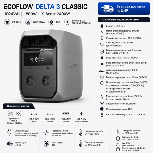 Портативная электростанция EcoFlow DELTA 3 1800Вт (1024 Втч)